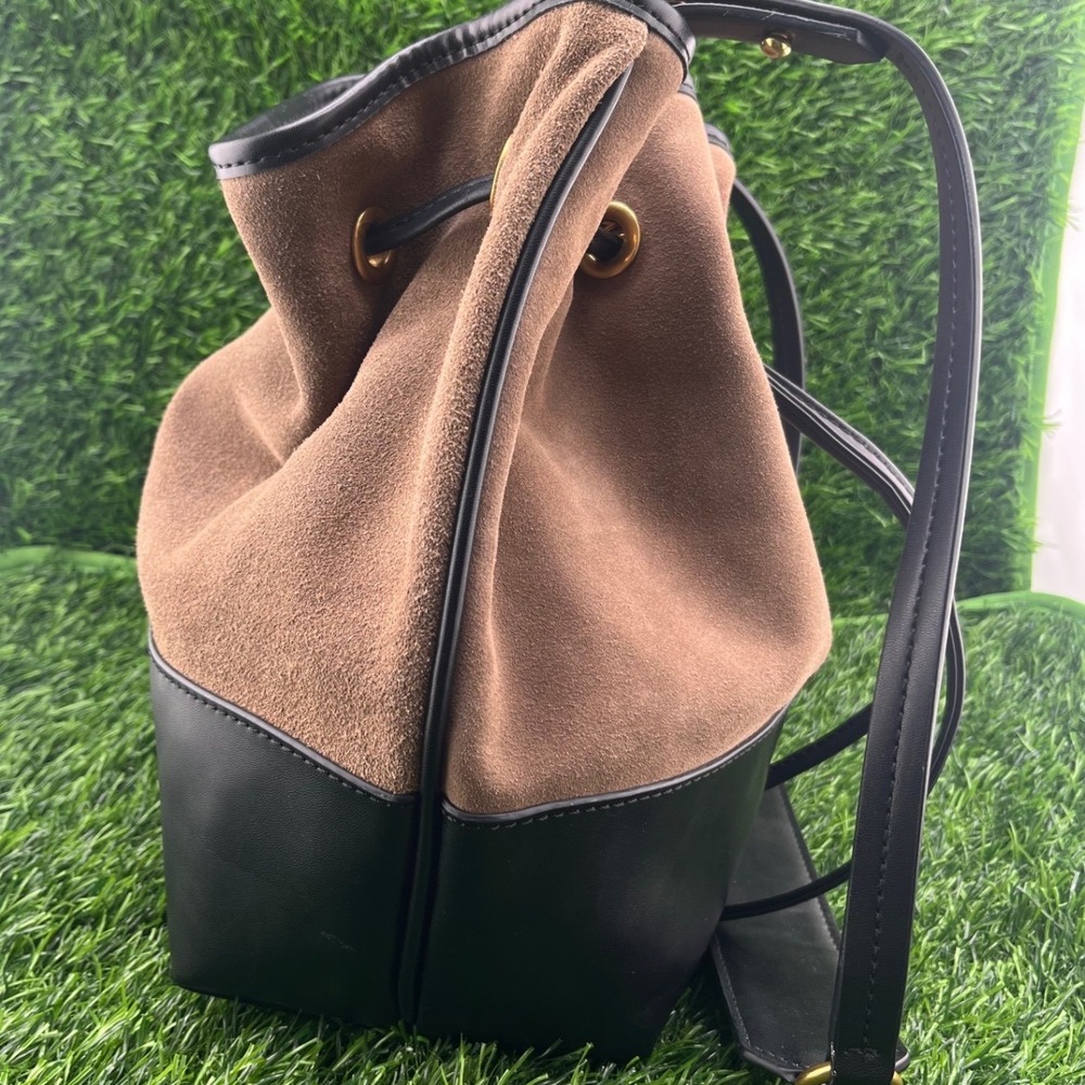 ZARA Brown Suede Bucket Bag Black Leather Trim Drawstring Crossbody Chic City - Picture 5 of 13